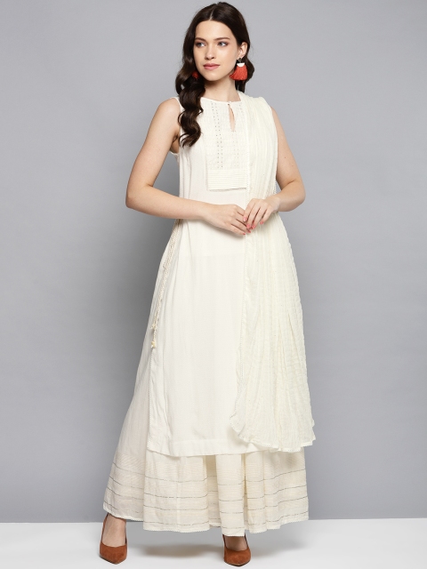 

Ritu Kumar Women Off-White Yoke Design Kurta with Skirt & Dupatta
