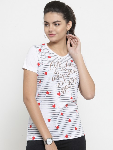 

WILD WEST Women White Striped Round Neck T-shirt