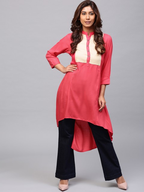 

AKS Women Pink & Beige Colourblocked A-Line Kurta