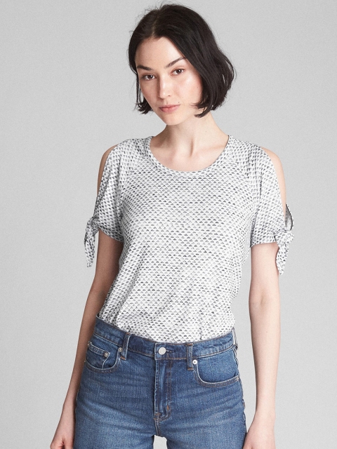 

GAP Women Grey Softspun Print Tie-Sleeve T-Shirt
