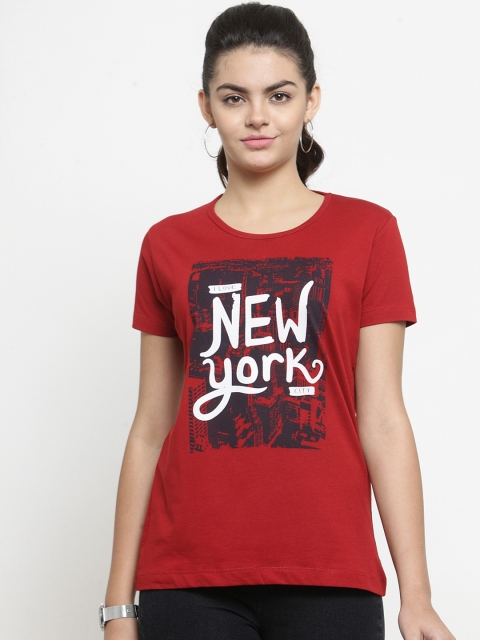 

WILD WEST Women Maroon Printed Round Neck T-shirt
