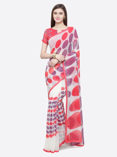 

Shaily Cream-Coloured & Pink Pure Georgette Printed Saree