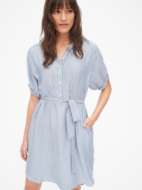 

GAP Women Blue Perfect Roll Sleeve Stripe Shirt Dress