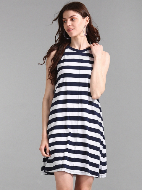 

GAP Women White & Navy Blue Striped A-Line Dress