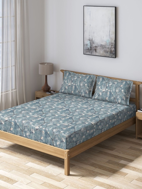 

DDecor Blue Floral 150 TC Cotton 1 King Bedsheet with 2 Pillow Covers