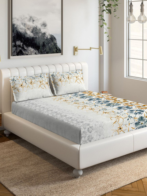 

DDecor Yellow & Blue Floral 50 TC Cotton 1 King Bedsheet with 2 Pillow Covers