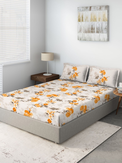 

DDecor Off-White Floral 140 TC Cotton 1 Queen Bedsheet with 2 Pillow Covers