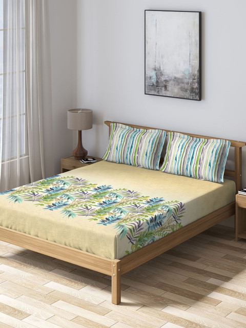 

DDecor Beige Floral 150 TC Cotton 1 King Bedsheet with 2 Pillow Covers