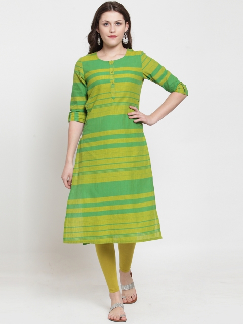 

Kiaasa Women Green & Yellow Striped Straight Kurta