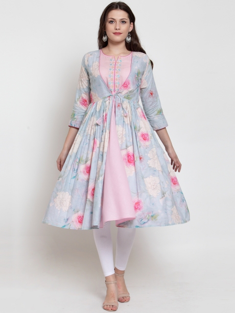 

Kiaasa Women Turquoise Blue & Pink Printed Anarkali Kurta