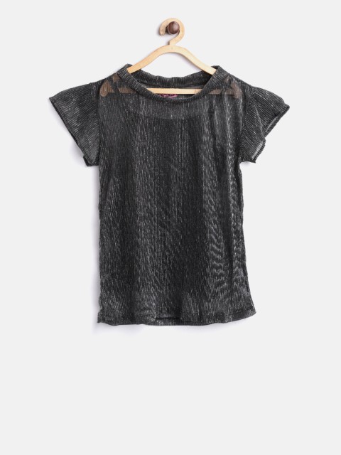 

Natilene Girls Black & Silver Self-Striped Shimmer Semi-Sheer Top