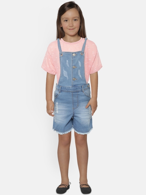 

Natilene Girls Blue & Peach-Coloured Self Design T-shirt with Denim Dungarees