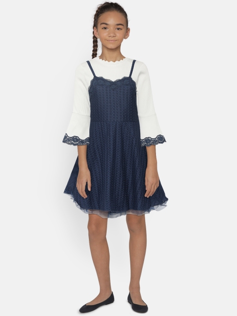 

Natilene Girls White & Navy Blue Lace Fit & Flare Dress