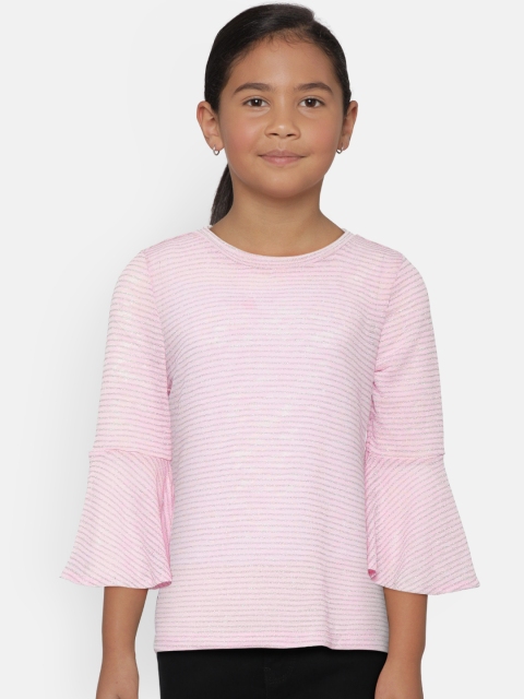 

Natilene Girls Pink & Grey Self-Striped Semi Sheer Top