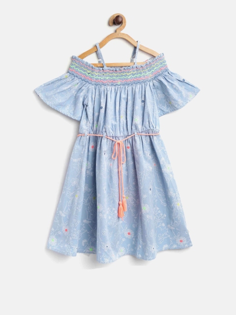 

Natilene Girls Blue Printed Bardot A-line Dress