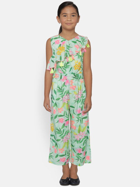 

Natilene Girls Green & Pink Floral Print Basic Jumpsuit