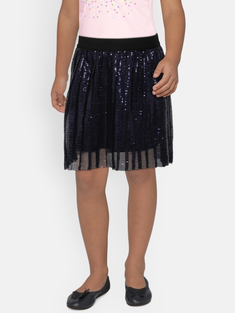 

Natilene Girls Blue & Black Sequinned A-Line Accordian Pleat Skirt