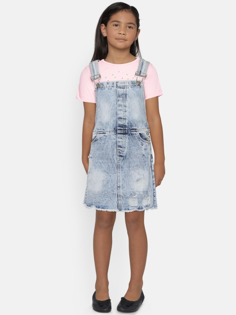 

Natilene Girls Blue Washed Distressed Denim Pinafore Dress