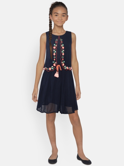 

Natilene Girls Navy Blue Solid Fit and Flare Dress with Embroidered Detail