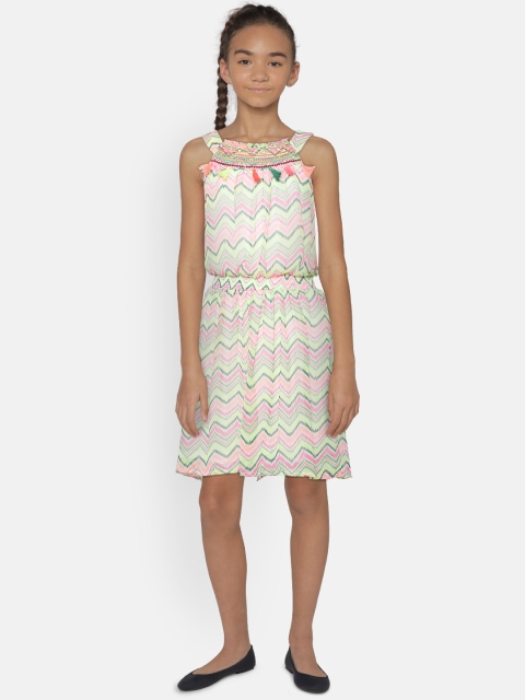 

Natilene Girls Lime Green & Pink Printed Fit and Flare Dress