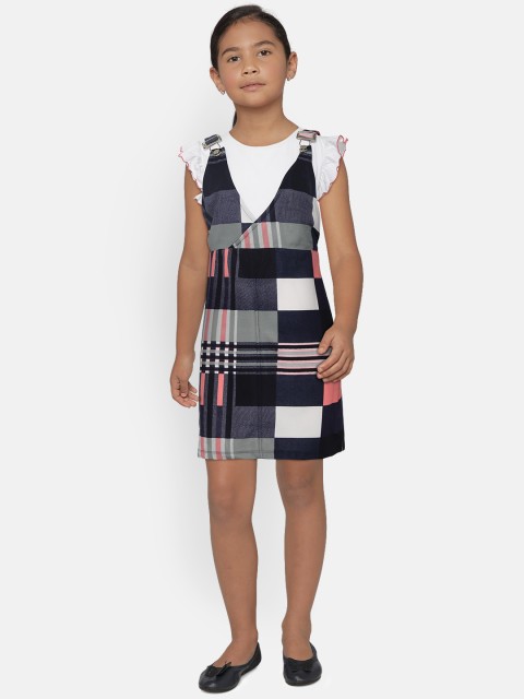

Natilene Girls Navy Blue Printed Pinafore Dress with Solid Top