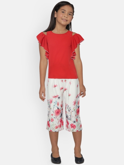 

Natilene Girls Red & White Solid Top & Printed Trousers