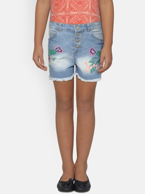 

Natilene Girls Blue Washed Regular Fit Denim Shorts with Embroidered Detail