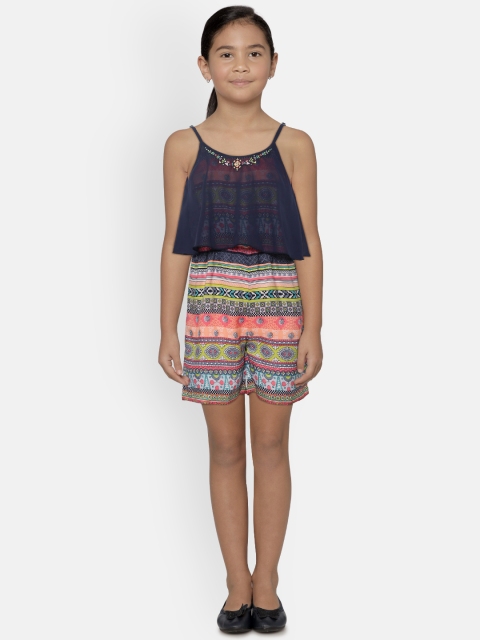 

Natilene Girls Navy Blue & Coral Pink Printed Playsuit