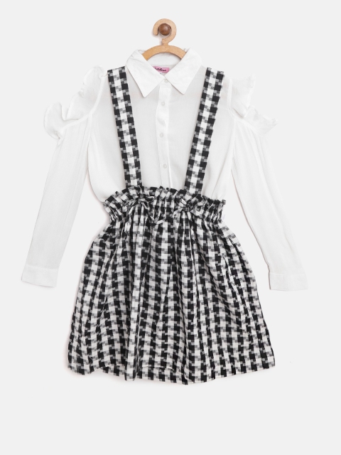 

Natilene Girls White & Black Solid Shirt & Checked Skirt with Non-Detachable Suspenders