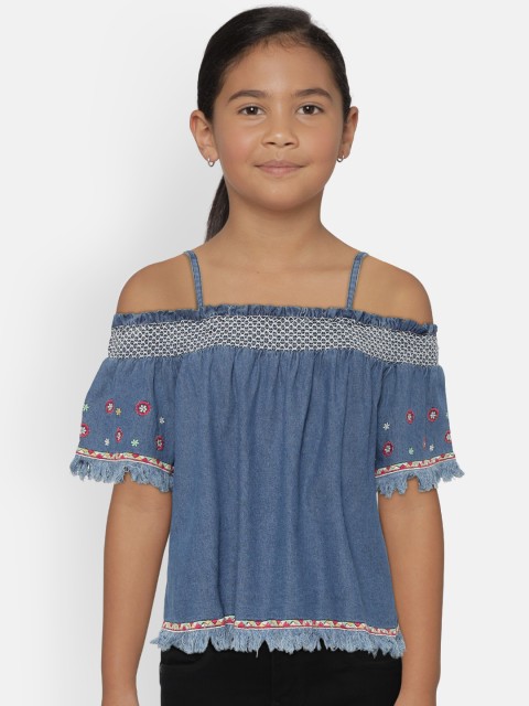 

Natilene Girls Blue Solid Denim Pure Cotton Top