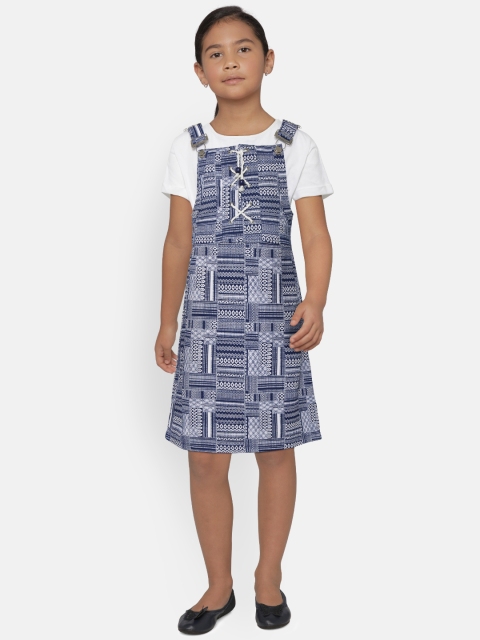 

Natilene Girls Navy Blue & White Printed Pinafore Dress with T-shirt
