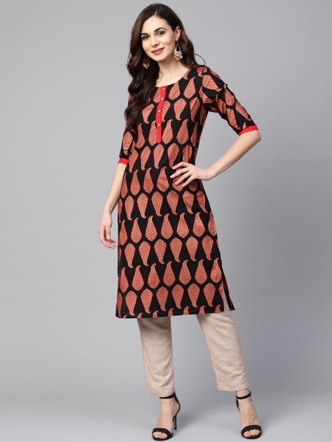 

Myshka Women Black & Coral Pink Printed Straight Kurta