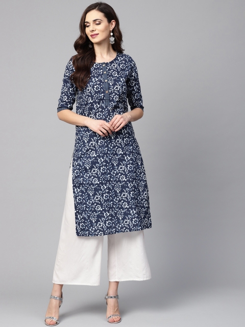 

Myshka Women Navy Blue & White Printed Straight Kurta