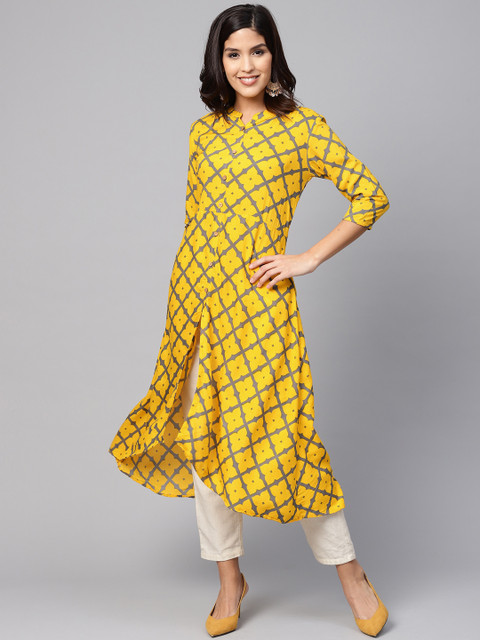 

Myshka Women Yellow & Grey Printed High-Low Kurta
