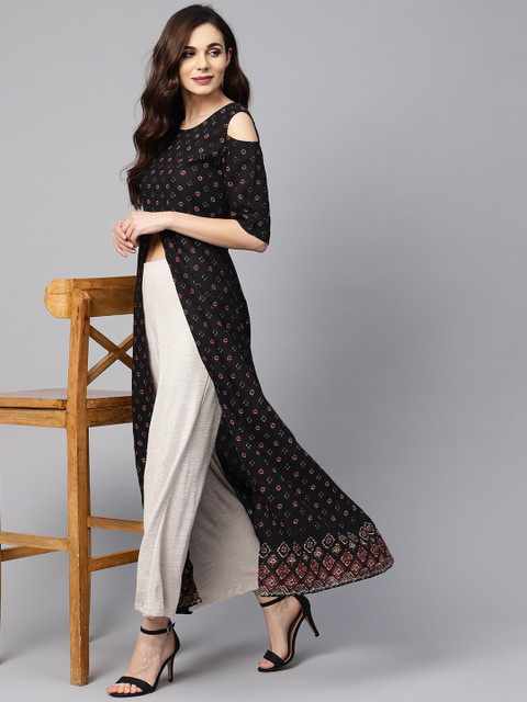 

Myshka Women Black & Maroon Printed High-Slit A-Line Kurta