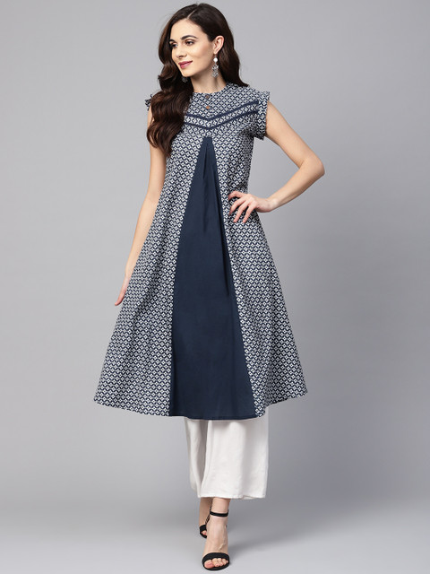 

Myshka Women Navy Blue & White Printed A-Line Kurta