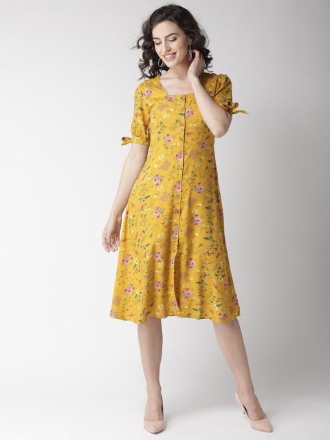 

20Dresses Women Mustard Yellow & Pink Floral Print Midi A-Line Dress