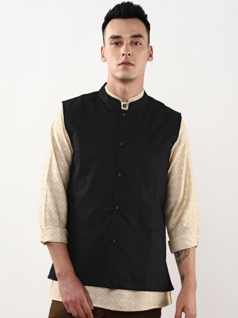 

Sangria Men Black Self-Striped Cotton Nehru Jacket