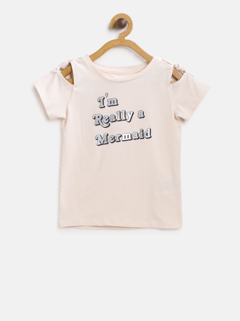 

Fox Girls Peach-Coloured Printed Cold Shoulder Top