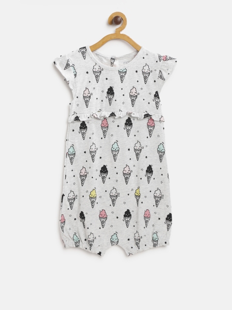 

Fox Girls Grey Melange & Black Printed Rompers
