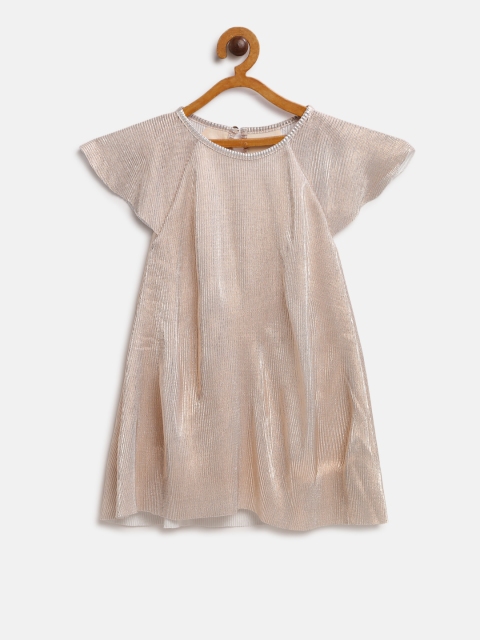 

Fox Girls Peach-Coloured Self-Striped Sheen A-Line Dress