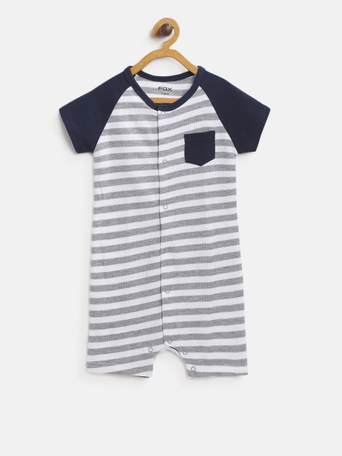 

Fox Boys White & Grey Melange Striped Rompers