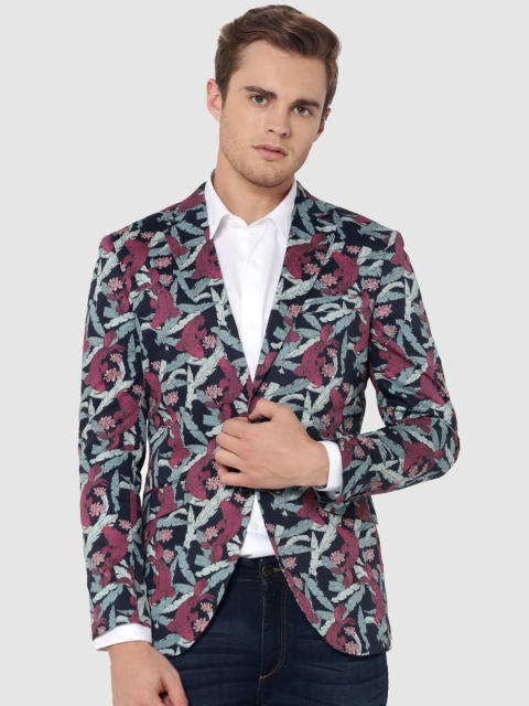 

Jack & Jones Navy Blue Printed Single-Breasted Casual Pure Cotton Blazer