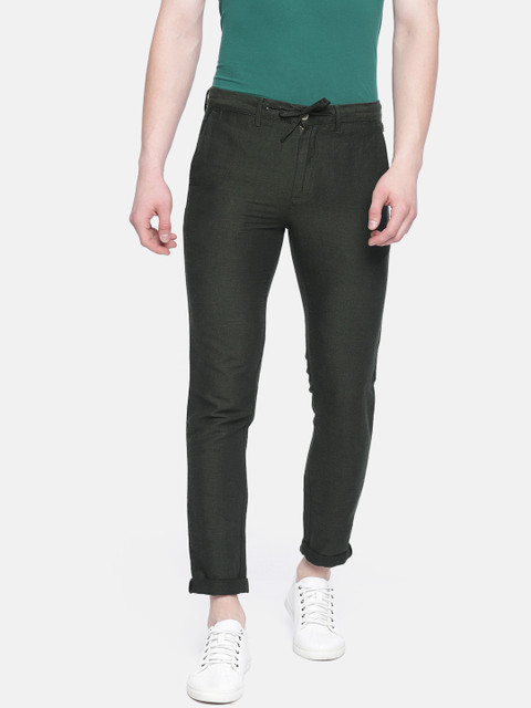 

Jack & Jones Men Green Slim Fit Self Design Regular Trousers