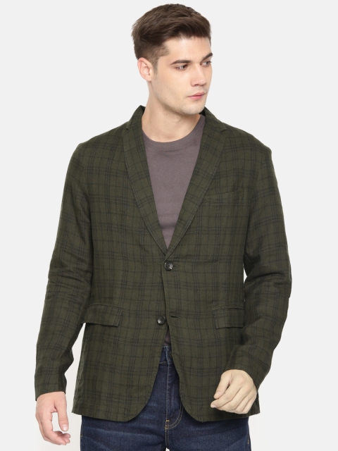 

Jack & Jones Men Olive Green Checked Regular Fit Single Breasted Smart Casual Blazer
