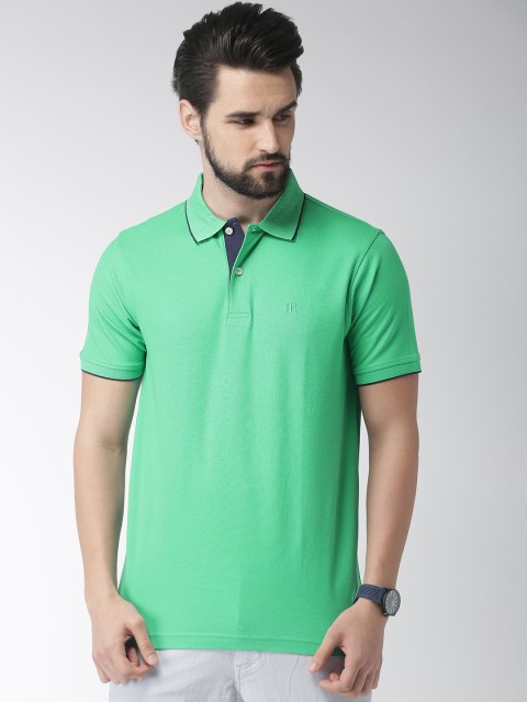 Raymond Men Green Solid Polo Collar Pure Cotton T-shirt