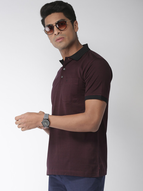 

Raymond Men Burgundy & Black Self-Striped Polo Collar T-shirt