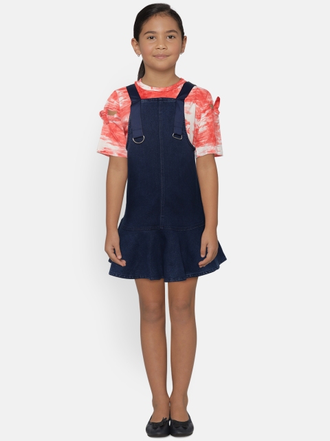

Natilene Girls Navy Blue Solid Denim Pinafore Dress with Top