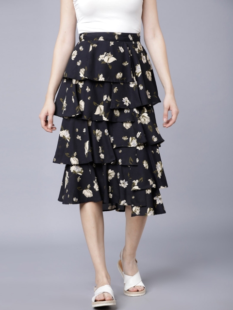 

Tokyo Talkies Women Black & Off-White Floral Printed A-Line Layered Skirt