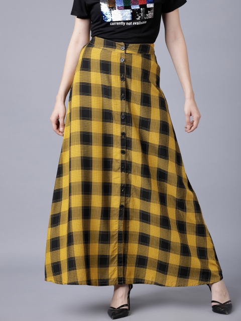 

Tokyo Talkies Women Mustard Yellow & Black Checked Flared Maxi Skirt